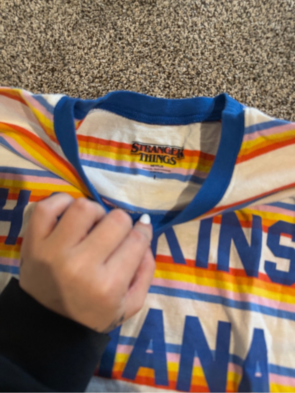 Hawkins Indiana Striped Short Sleeve Tee - Blue, Yellow & Orange - Picture 4 of 5